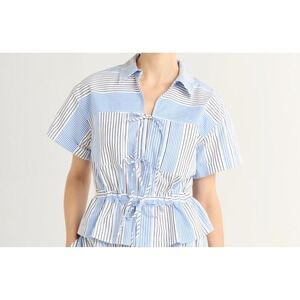 Free Assembly Women's Bow Front Cotton Utility Shirt Large Blue Shirt Sleeve